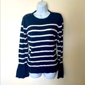 Loft - Navy Blue & White Nautical Sweater Small W/Bell Sleeves & Button Detail
